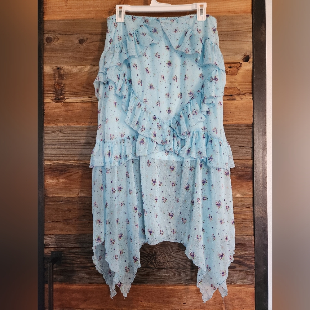 NWOT Urban Outfitters Boho Fairycore Blue Ditsy Floral Ruffle Asymmetrical Midi - Picture 3 of 4